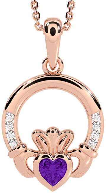 Diamond Amethyst Rose Gold Claddagh Necklace