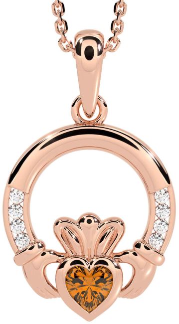 Diamond Citrine Rose Gold Claddagh Necklace