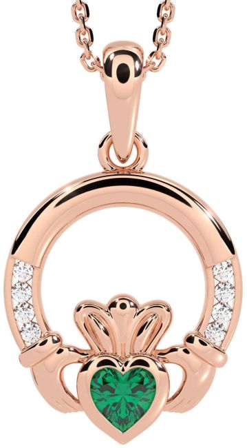 Diamond Emerald Rose Gold Claddagh Necklace