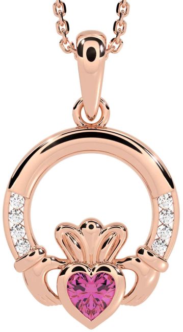 Diamond Pink Tourmaline Rose Gold Claddagh Necklace