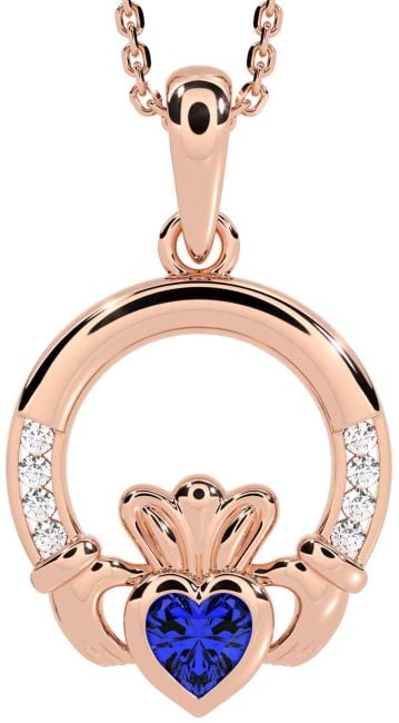 Diamond Sapphire Rose Gold Claddagh Necklace