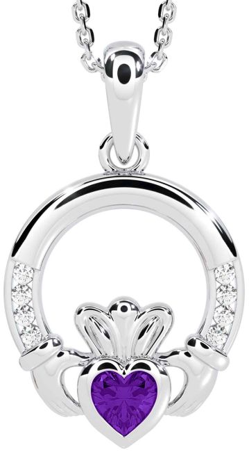 Diamond Amethyst Silver Claddagh Necklace