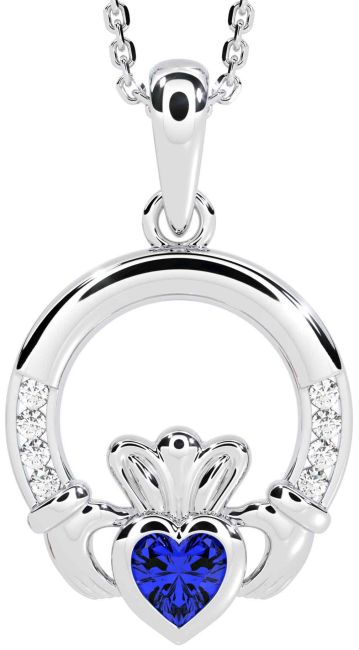 Diamond Sapphire Silver Claddagh Necklace