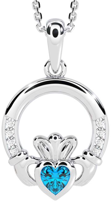 Diamond Topaz Silver Claddagh Necklace