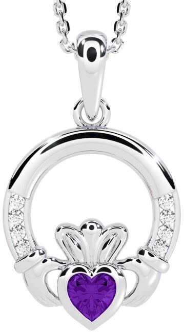 Diamond Amethyst White Gold Claddagh Necklace
