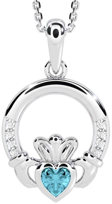 Diamond Aquamarine White Gold Claddagh Necklace