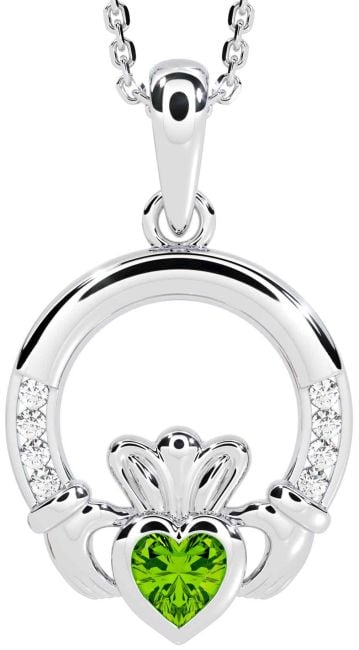 Diamond Peridot White Gold Claddagh Necklace