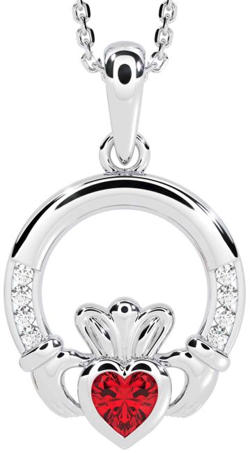 Diamond Ruby White Gold Claddagh Necklace