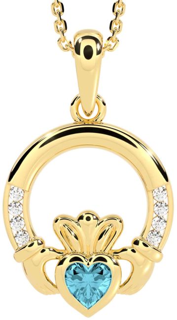 Diamond Aquamarine Gold Claddagh Necklace