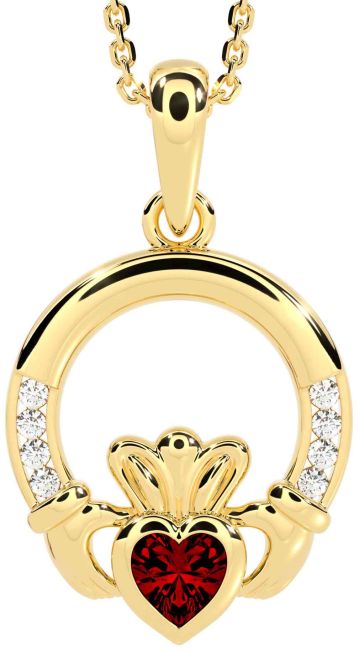Diamond Garnet Gold Claddagh Necklace