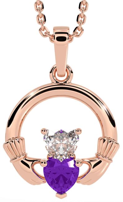 Diamond Amethyst Rose Gold Silver Claddagh Necklace