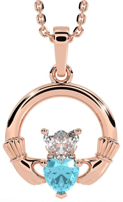Diamond Aquamarine Rose Gold Silver Claddagh Necklace