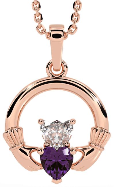 Diamond Alexandrite Rose Gold Silver Claddagh Necklace