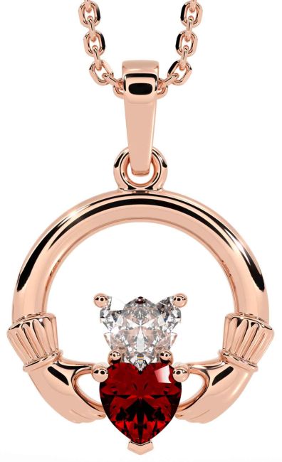 Diamond Garnet Rose Gold Silver Claddagh Necklace