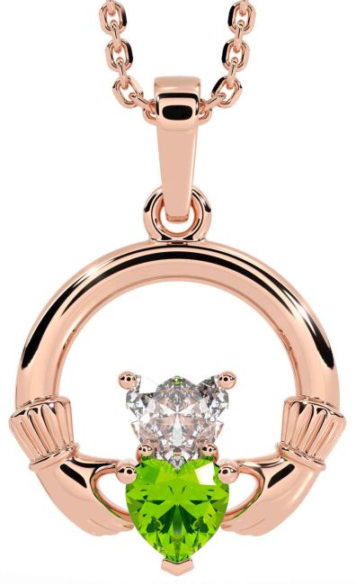 Diamond Peridot Rose Gold Silver Claddagh Necklace