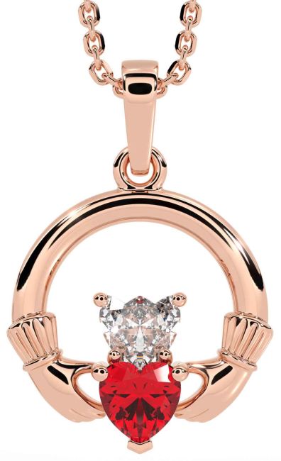 Diamond Ruby Rose Gold Silver Claddagh Necklace