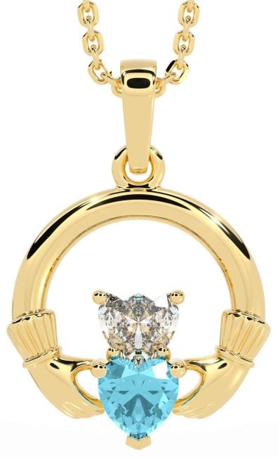 Diamond Aquamarine Gold Silver Claddagh Necklace