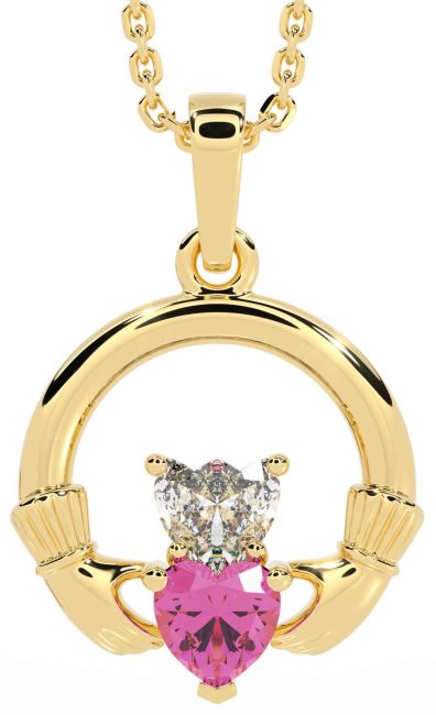 Diamond Pink Tourmaline Gold Silver Claddagh Necklace