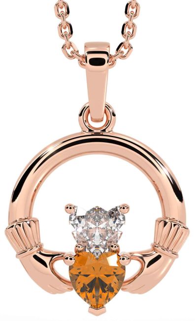 Diamond Citrine Rose Gold Claddagh Necklace