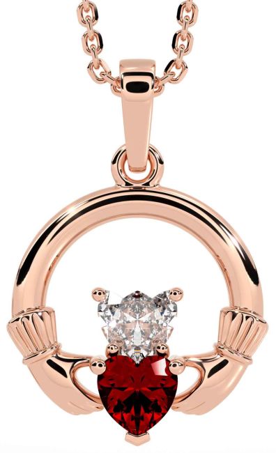 Diamond Garnet Rose Gold Claddagh Necklace