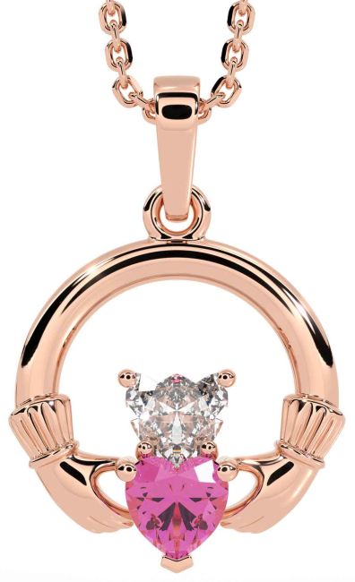 Diamond Pink Tourmaline Rose Gold Claddagh Necklace