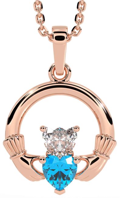 Diamond Topaz Rose Gold Claddagh Necklace