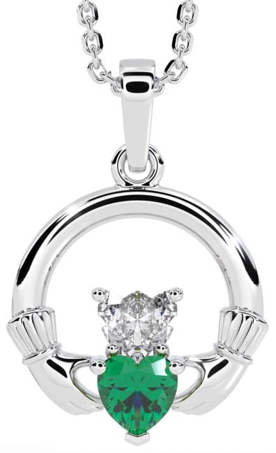 Diamond Emerald Silver Claddagh Necklace