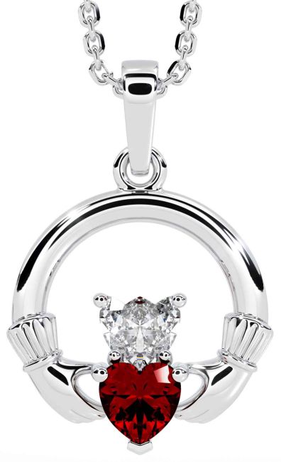 Diamond Garnet Silver Claddagh Necklace