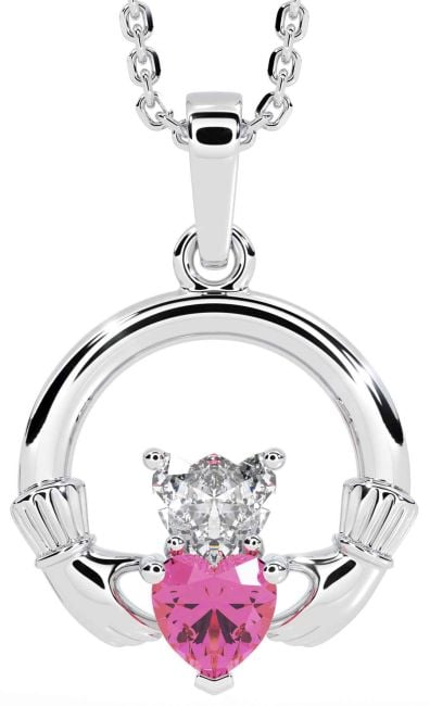 Diamond Pink Tourmaline Silver Claddagh Necklace