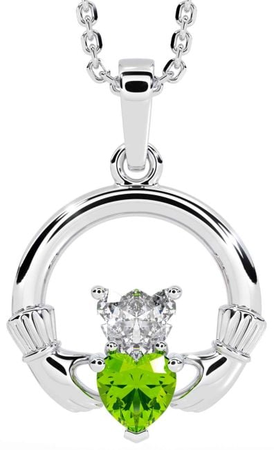 Diamond Peridot Silver Claddagh Necklace