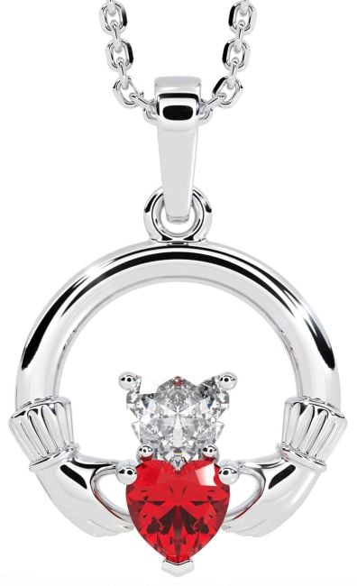 Diamond Ruby White Gold Claddagh Necklace