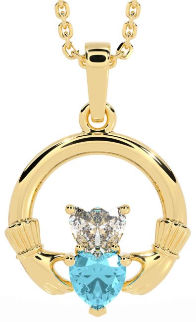 Diamond Aquamarine Gold Claddagh Necklace