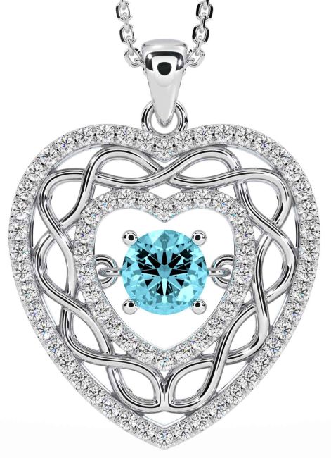 Diamond Aquamarine White Gold Celtic Heart Necklace