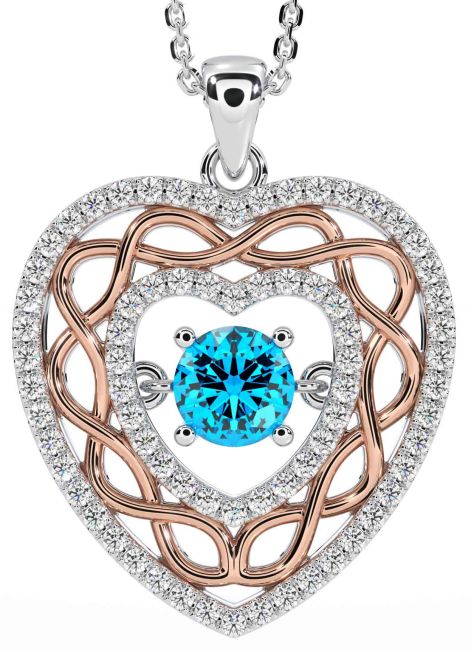 Diamond Topaz White Rose Gold Celtic Heart Necklace