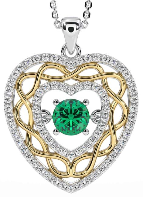Diamond Emerald White Yellow Gold Celtic Heart Necklace