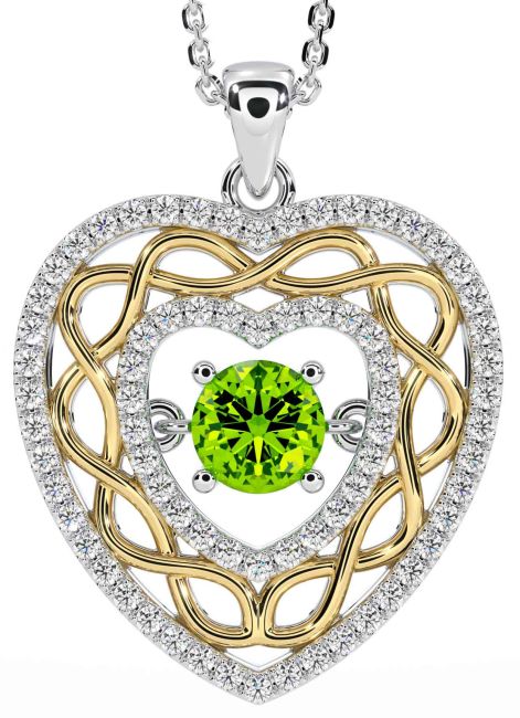 Diamond Peridot White Yellow Gold Celtic Heart Necklace