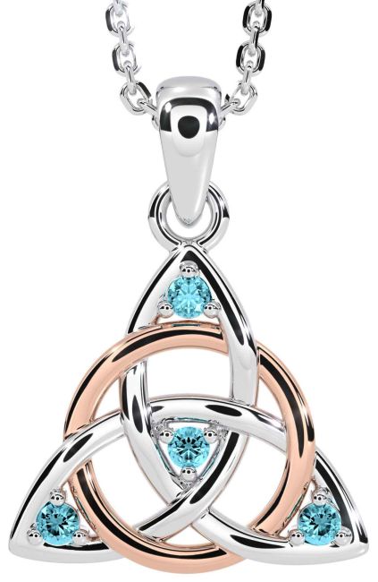Aquamarine Rose Gold Silver Celtic Trinity Knot Necklace
