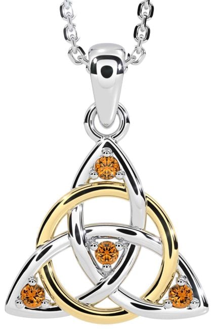 Citrine Gold Silver Celtic Trinity Knot Necklace