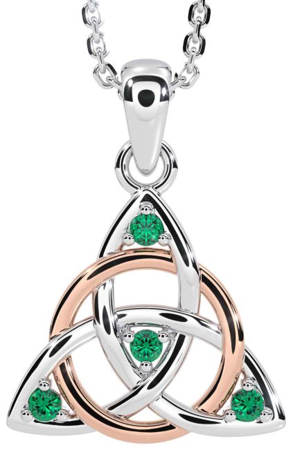 Emerald White Rose Gold Celtic Trinity Knot Necklace