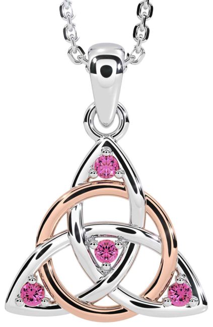 Pink Tourmaline White Rose Gold Celtic Trinity Knot Necklace