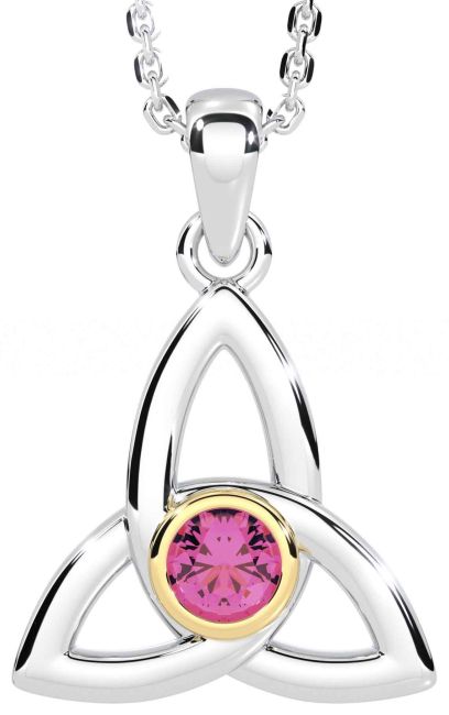Pink Tourmaline Gold Silver Celtic Trinity Knot Necklace