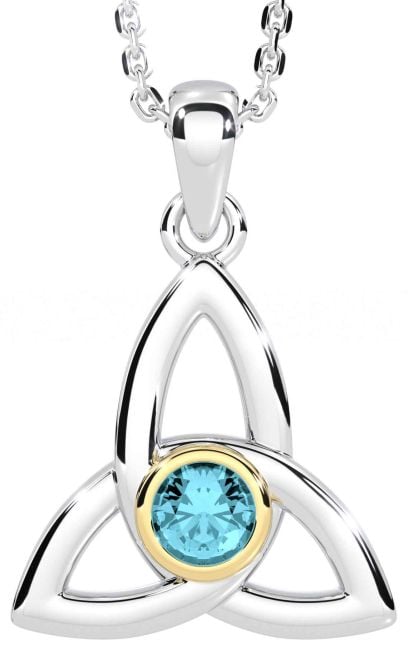 Aquamarine White Yellow Gold Celtic Trinity Knot Necklace