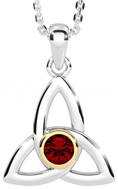 Garnet White Yellow Gold Celtic Trinity Knot Necklace