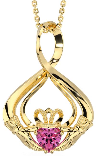Pink Tourmaline Gold Silver Claddagh Necklace