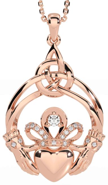 Diamond Rose Gold Silver Claddagh Celtic Knot Necklace