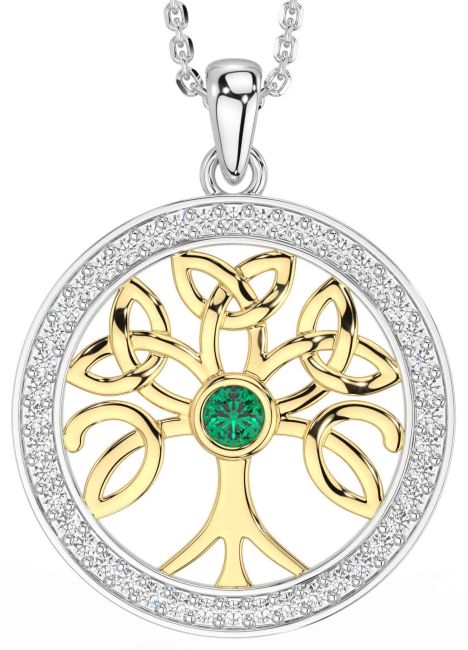 Diamond Emerald Gold Silver Celtic Tree of Life Trinity Knot Necklace