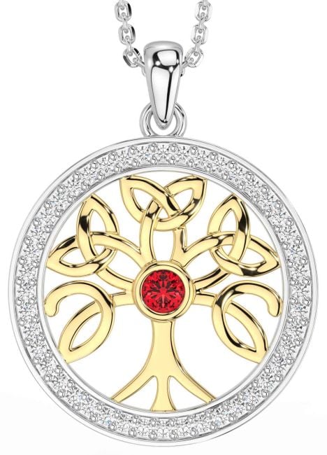 Diamond Ruby Gold Silver Celtic Tree of Life Trinity Knot Necklace