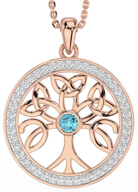Diamond Aquamarine Rose Gold Silver Celtic Tree of Life Trinity Knot Necklace