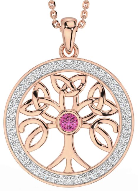 Diamond Pink Tourmaline Rose Gold Celtic Tree of Life Trinity Knot Necklace