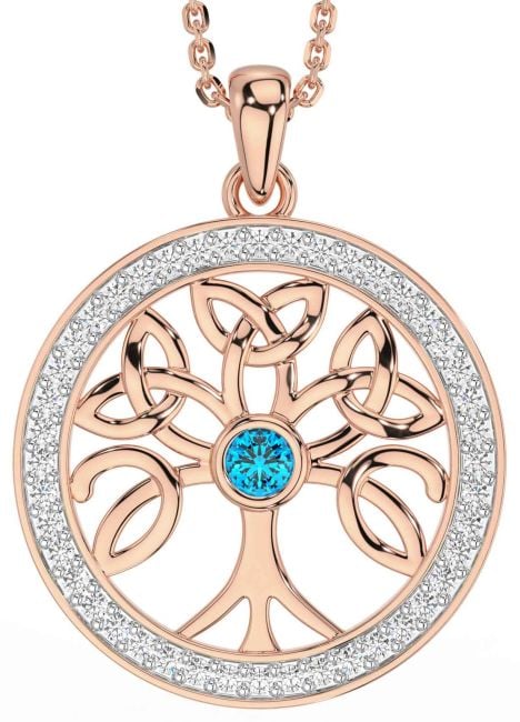 Diamond Topaz Rose Gold Celtic Tree of Life Trinity Knot Necklace